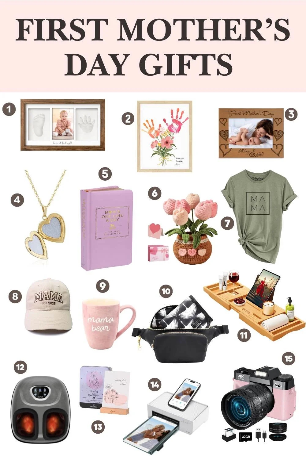 A selection of 15 First Mother's Day Gift Ideas including jewelry, self care items, fashion accessories, electronics, and more.