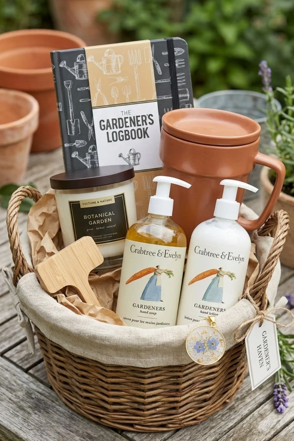 Wicker Mother's Day gift basket containing a gardener's logbook, planter mug, botanical candle, plant labels, and gardening hand soap and lotion.