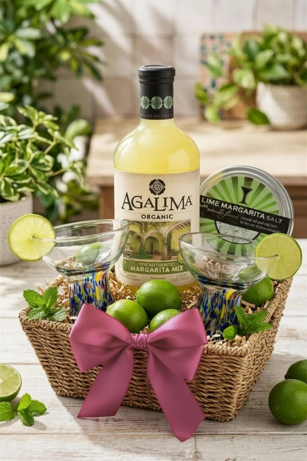 Wicker Mother's Day gift basket with pink bow containing margarita mix, margarita salt, and hand-blown margarita glasses.