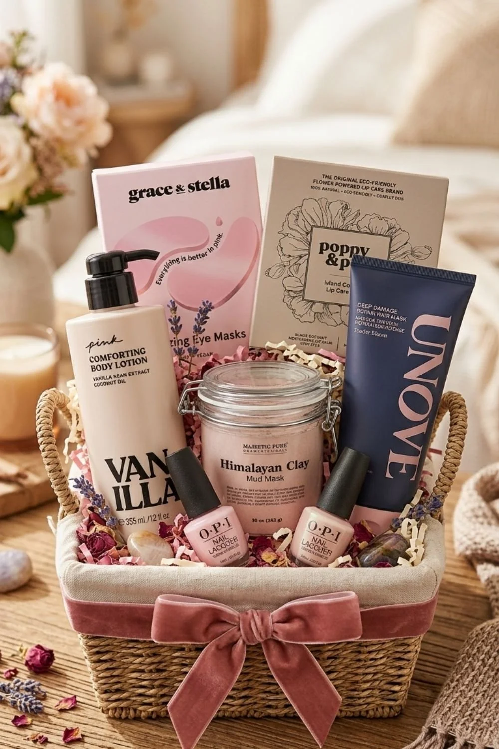 Wicker Mother's Day gift basket with pink velvet bow containing lotion, face mask, hair mask, lip masks, and nail polish.