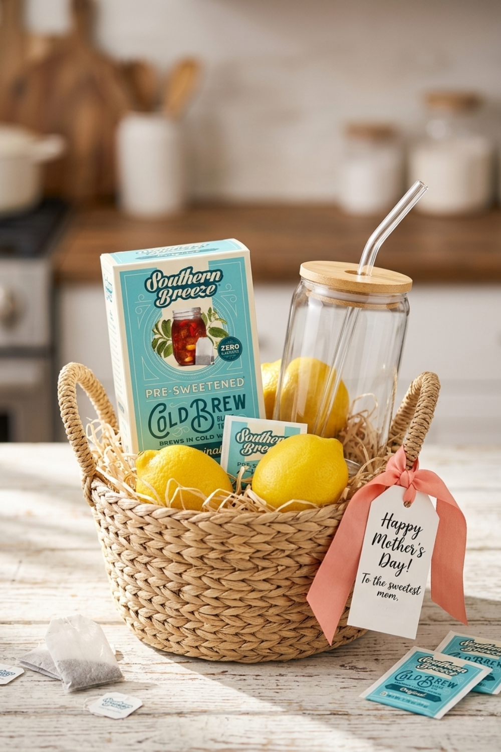 Small wicker basket with cold brew iced tea, glass cup with bamboo lid, and lemons.