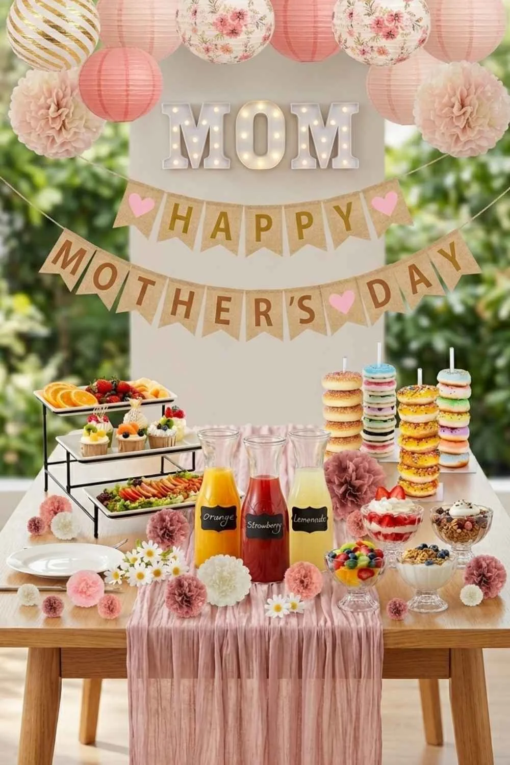 Outdoor table set up with Mother's Day decorations for brunch at home.