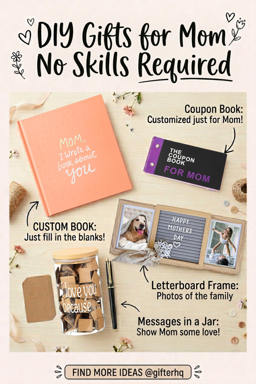 DIY Mother's Day gifts including a fill in the blank book about Mom, coupon book. letterboard photo frame, and messages in a jar.