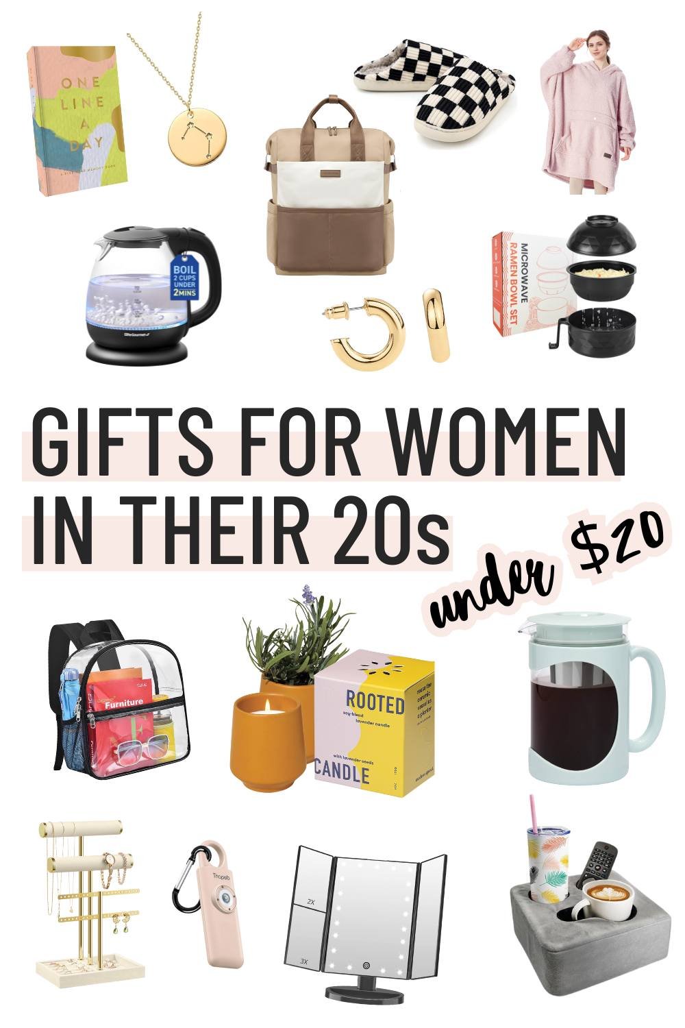 Collage of gifts for women in their 20s under $20. Gifts include a journal, zodiac necklace, checkered slippers, wearable blanket, electric kettle, laptop bag, hoop earrings, ramen bowl, clear stadium bag, candle, cold brew coffee maker, and more!