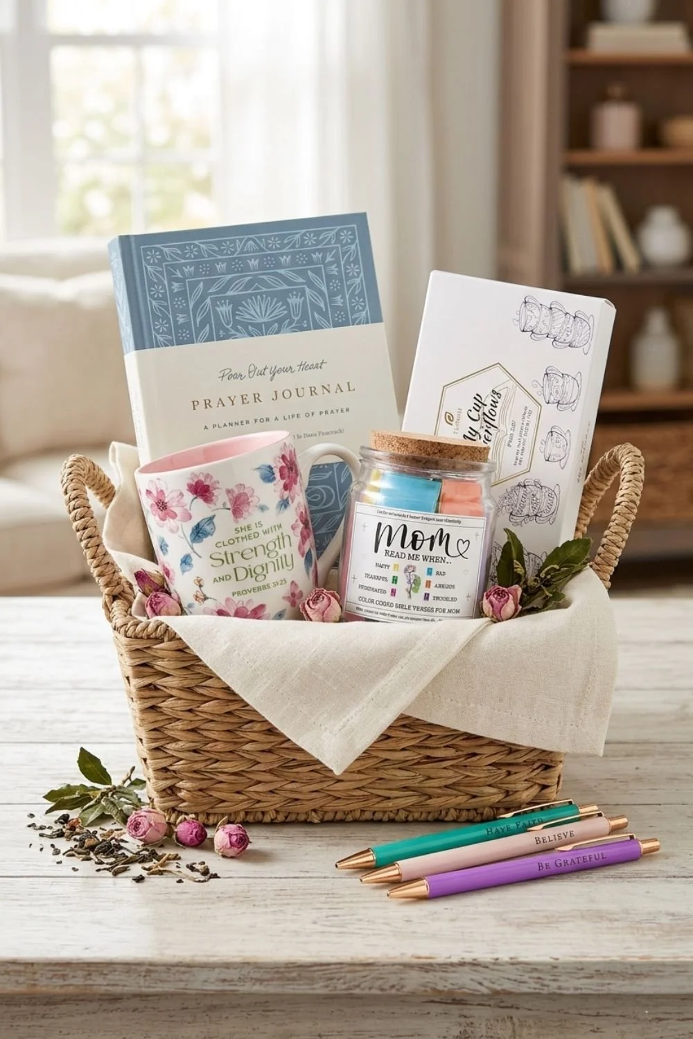 Christian Mother's Day gift basket with a prayer journal, mug, tea, scripture jar, and pens.