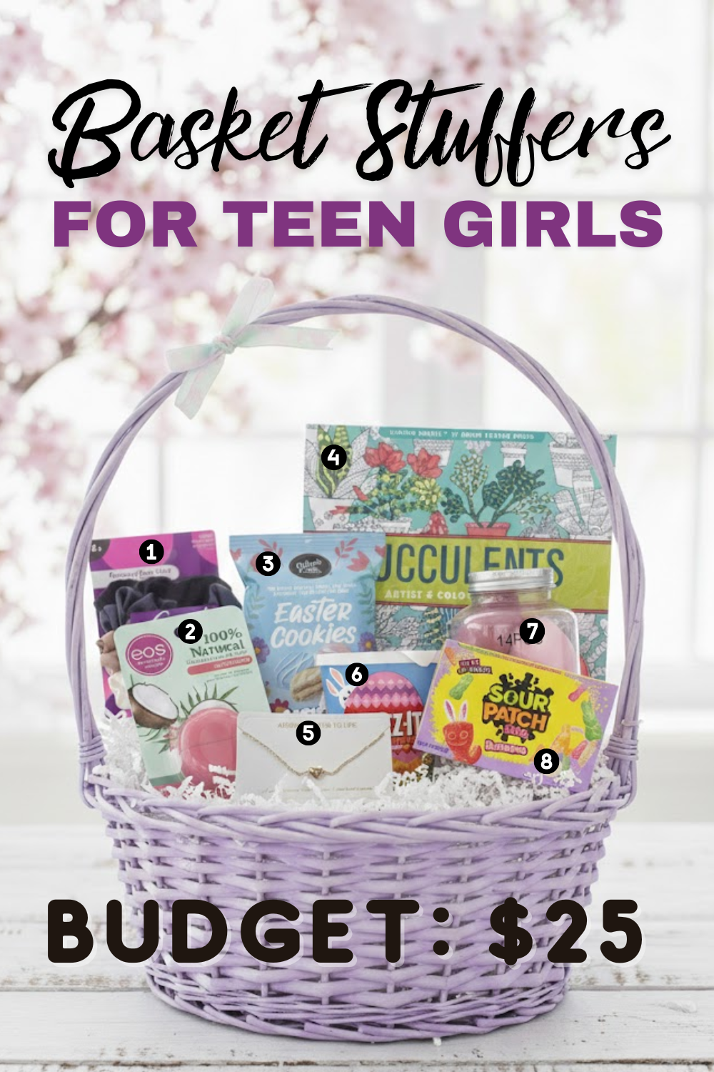 A styled purple Easter basket for teen girls that includes scrunchies, lip balm, Easter cookies, adult coloring book, monogrammed necklace, Easter Cheez-its, makeup sponges, and Easter Sour Patch Kids.
