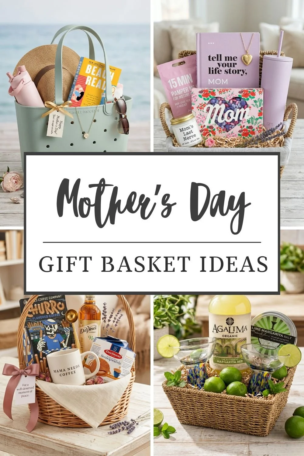 Pinterest image featuring a 4 panel grid of Mother's Day gift basket ideas.