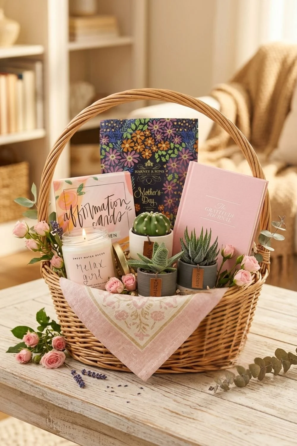 Wicker basket for Mother's Day that includes wellness items like affirmation cards, gratitude journal, herbal tea, a candle, and succulents.