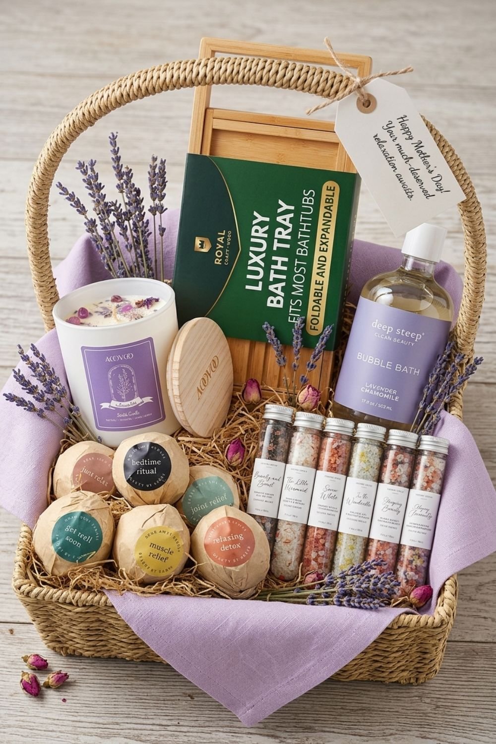 Wicker Mother's Day gift basket with spa essentials like bubble bath, candles, bath bombs, bath tray, and bath salts.