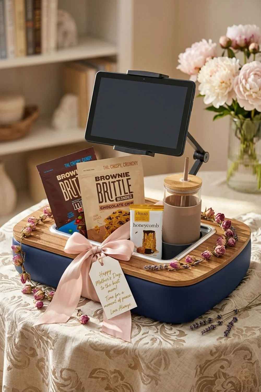 Lap caddy with built in snack tray and tablet/smartphone holder styled as a Mother's Day gift basket.