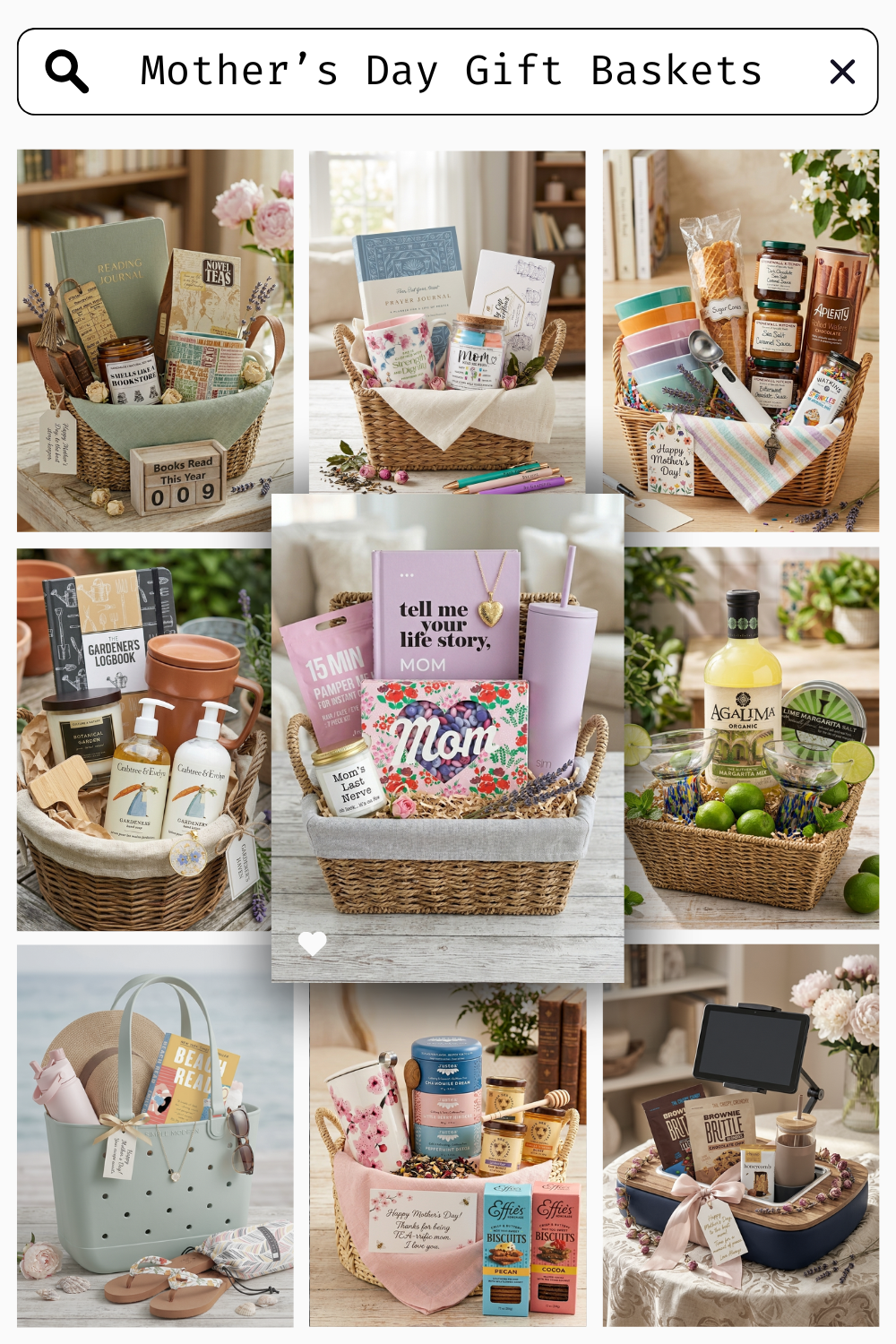 Pinterest image featuring a grid of 9 DIY Mother's Day gift basket ideas.