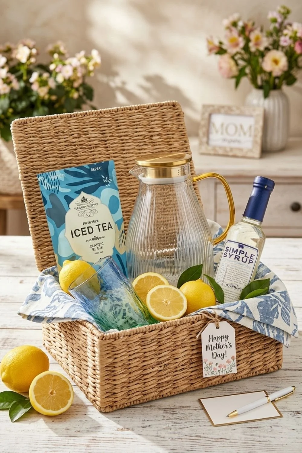 Wicker basket containing cold brew tea, glass pitcher, simple syrup, and drinking glasses for Mother's Day.
