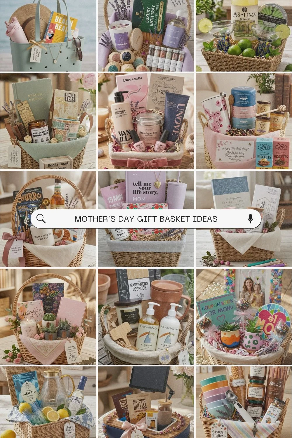 Pinterest image featuring a 15 image grid of Mother's Day gift basket ideas.
