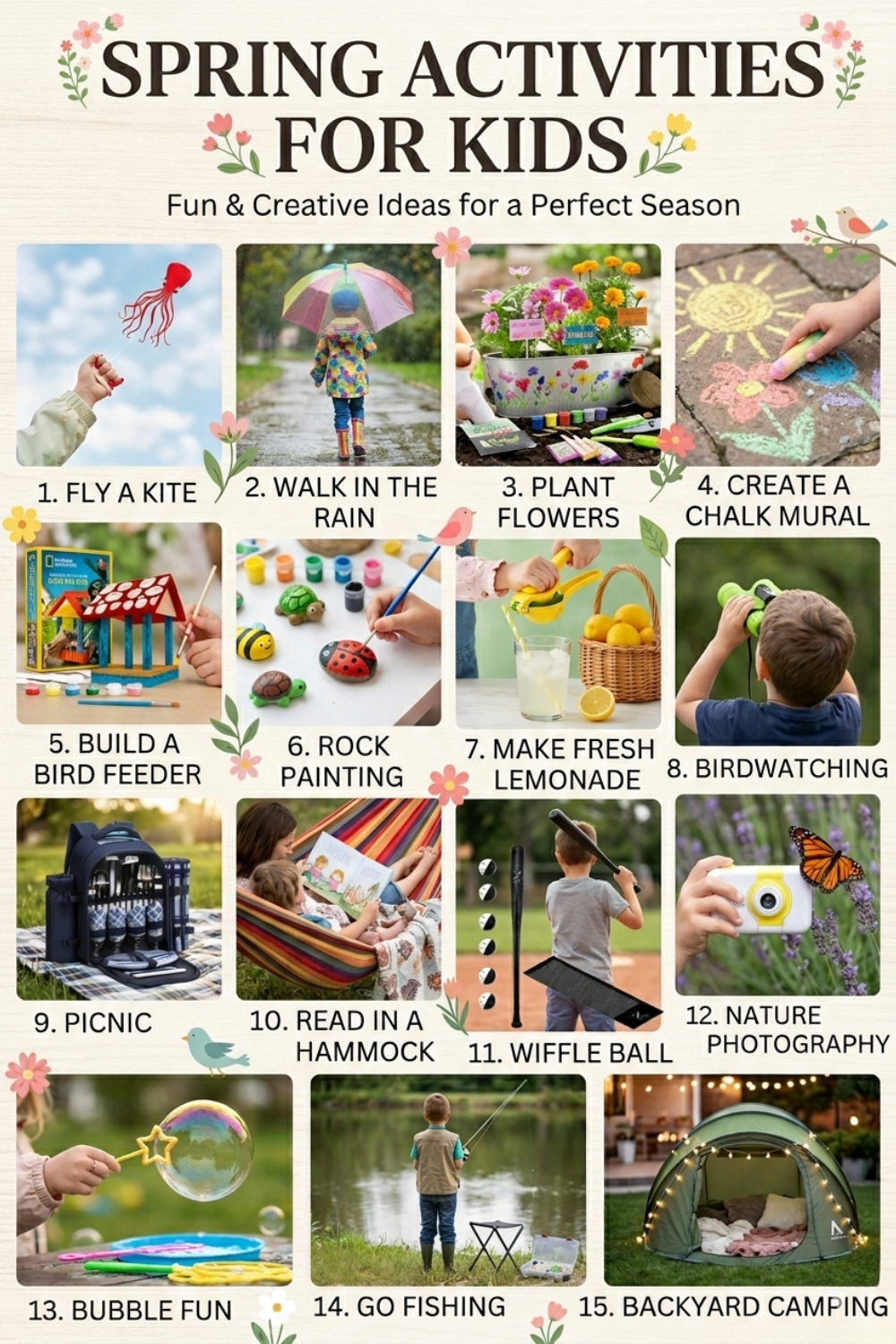 Grid featuring 15 spring activities for kids. Includes things to do outdoors like nature walks, chalk murals, backyard camping, and more.