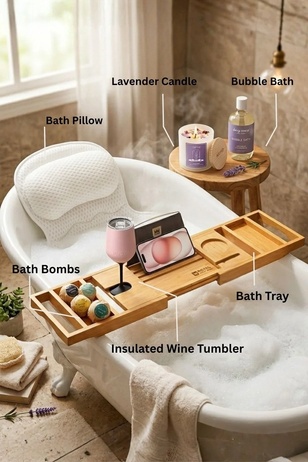 Bubble bath in a white claw foot tub with a bamboo bath tray holding an insulated wine tumbler.