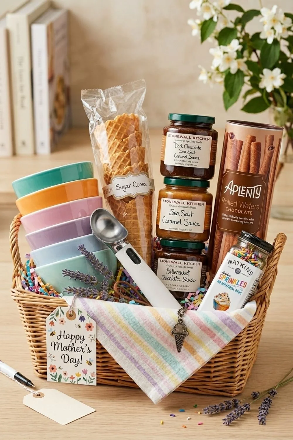 Wicker Mother's Day gift basket with ice cream toppings, colorful pastel bowls, and a heated ice cream scoop.