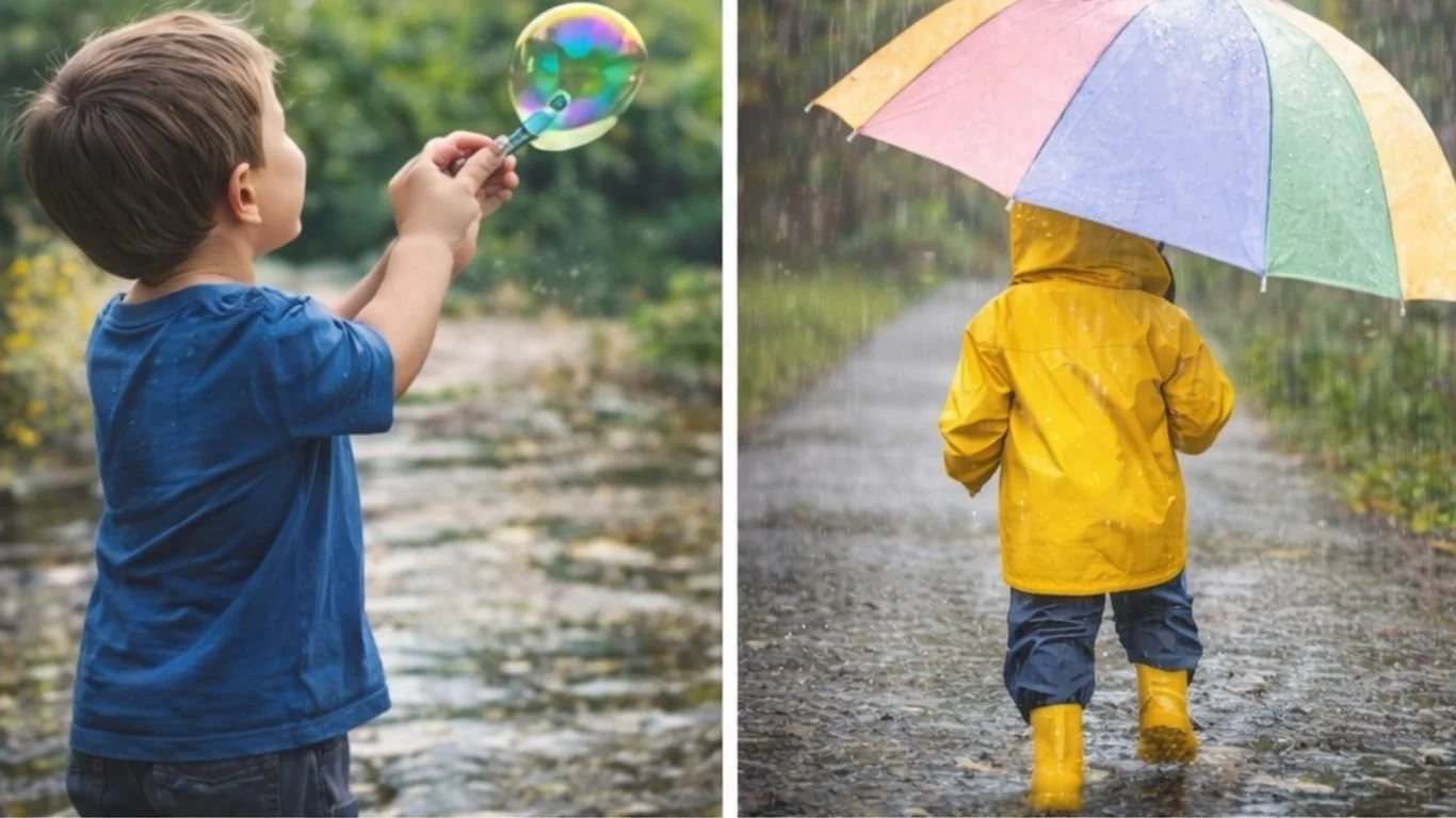 A spilt image featuring a child blowing bubbles on the left and a child in a yellow rain coat and colorful umbrella walking in the rain on the right.