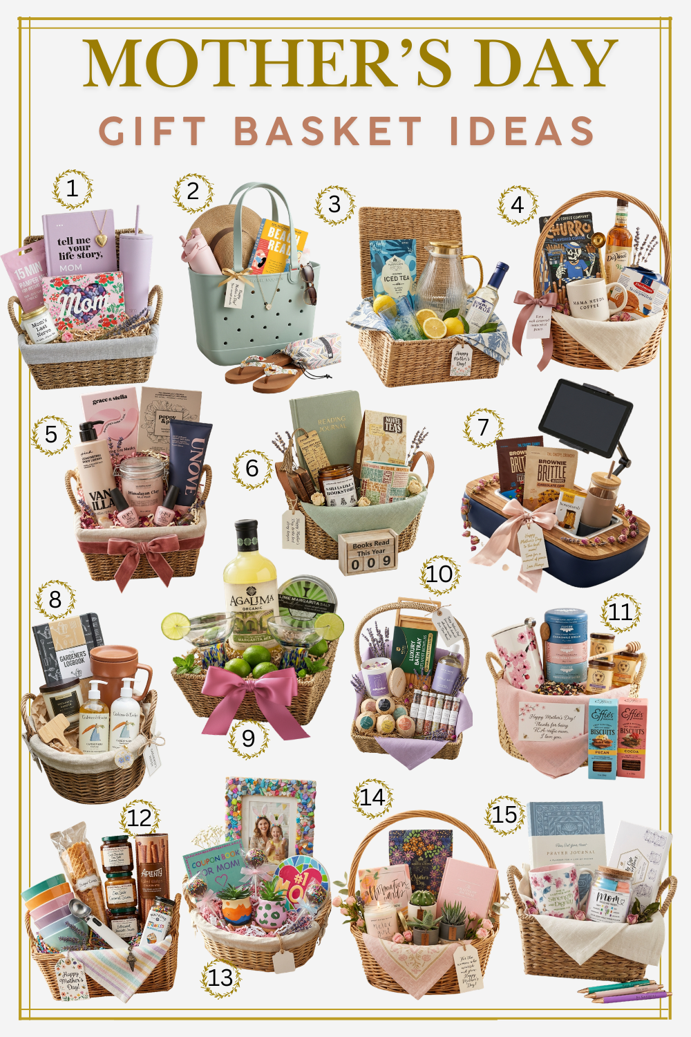 Collage of 15 Mother's Day gift baskets with themes ranging from beauty and wellness to coffee and ice cream.