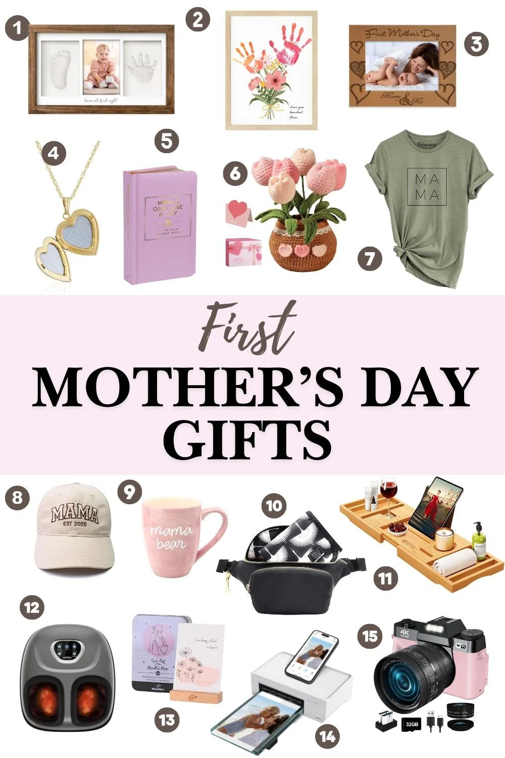 Collage of first Mother's Day gift ideas for new moms including self care items, sentimental keepsakes, and fun tech finds.