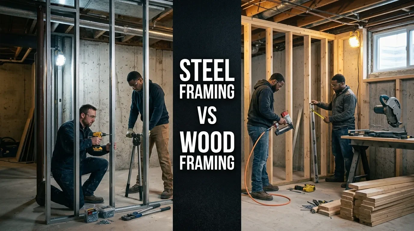 Steel stud and wood stud basement framing side by side on a Toronto renovation job site