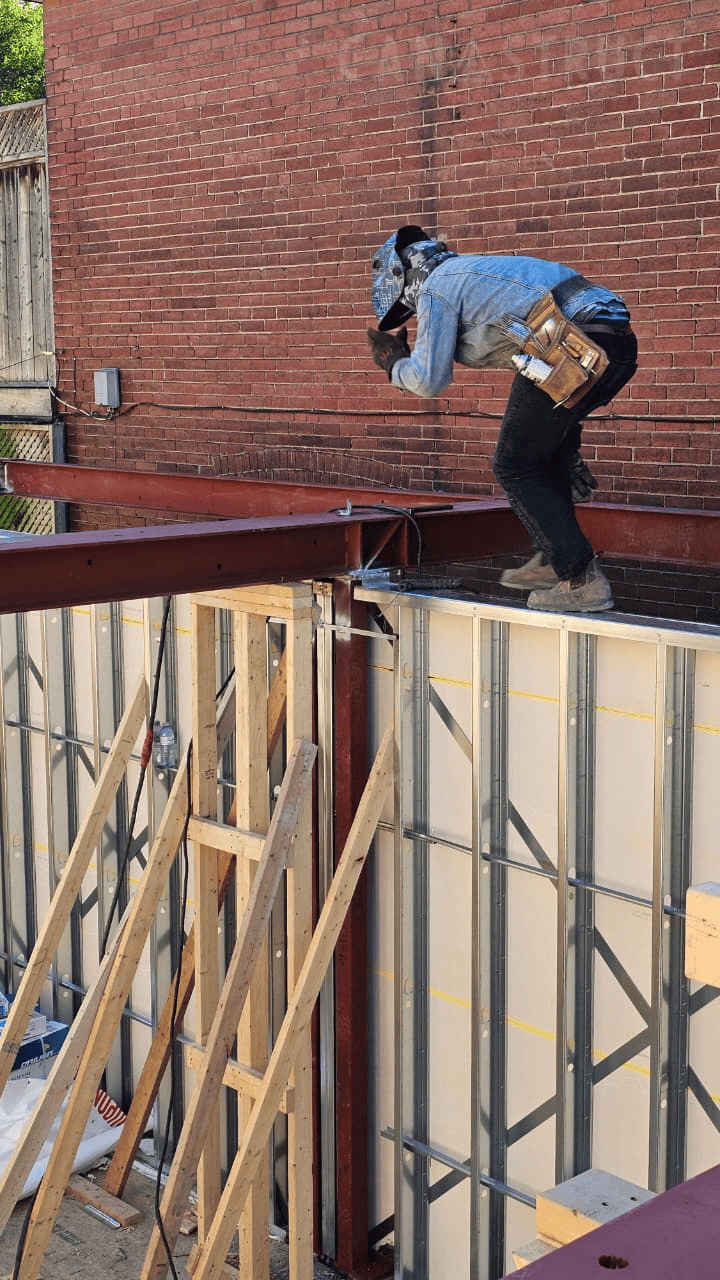 Structural steel framing on a commercial site