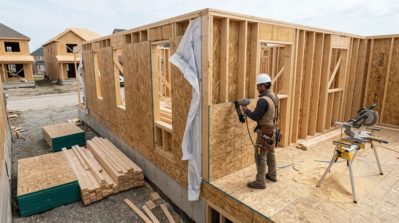Wood-framed exterior wall under construction on a new detached home in the GTA