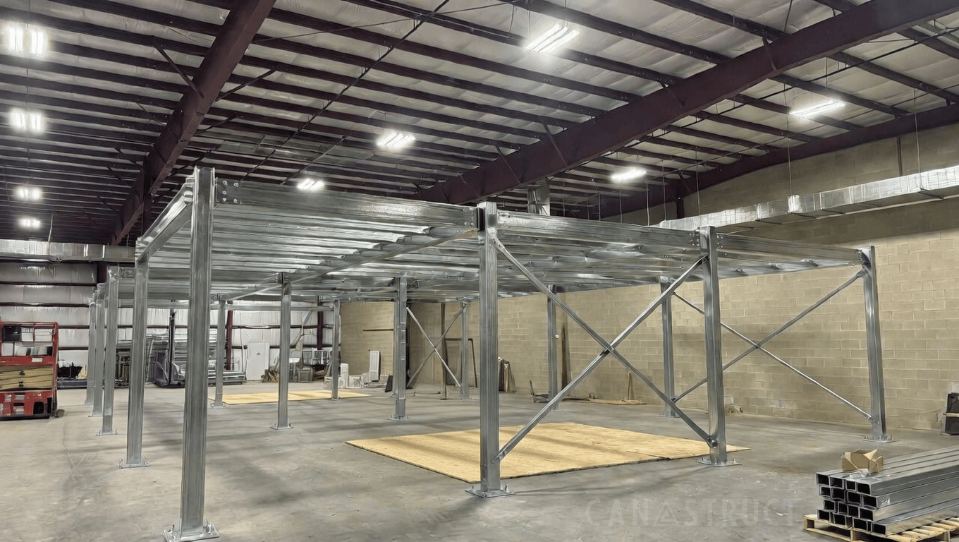 Mezzanine framing inside a warehouse
