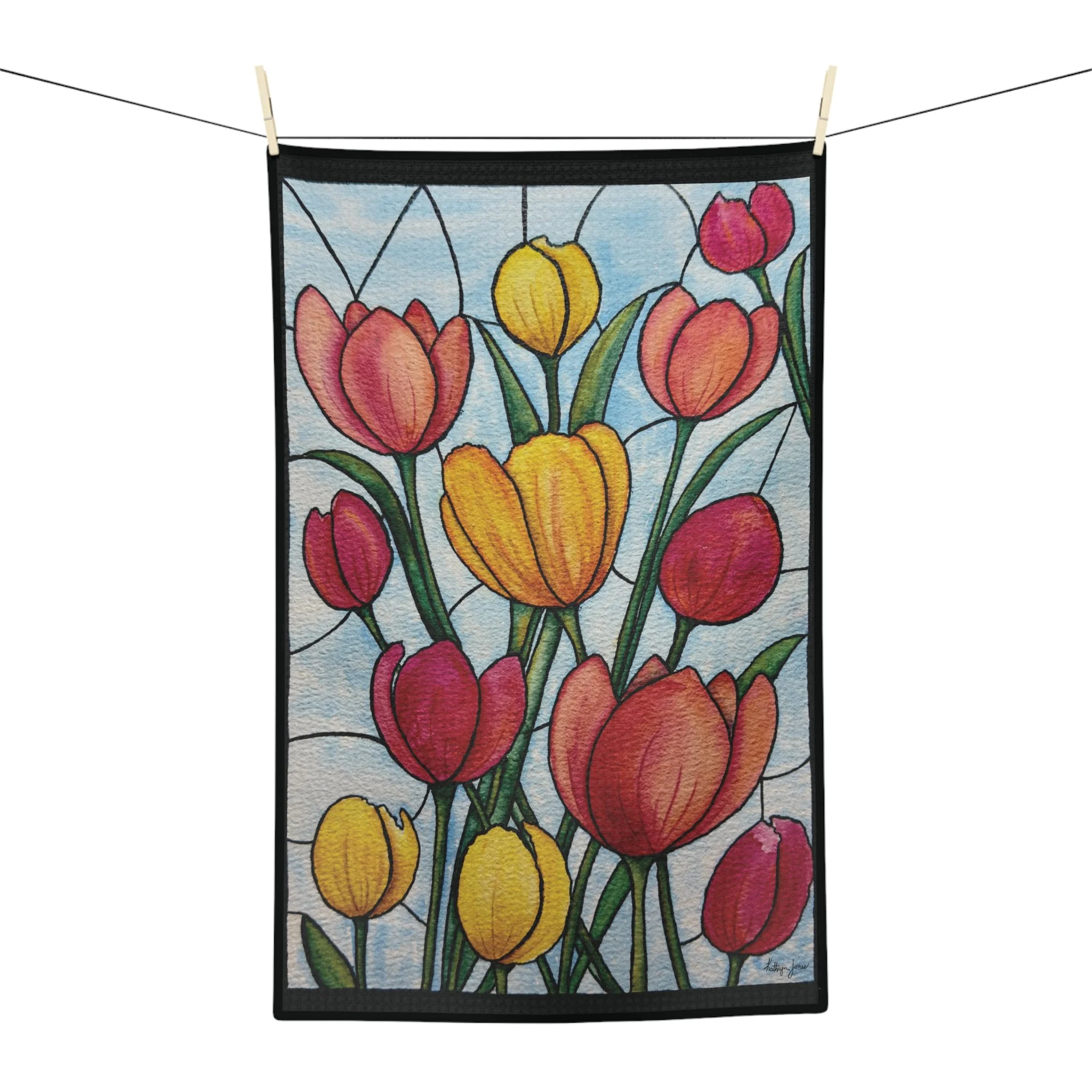 Tulip Stained Glass Microfiber Tea Towel – Bright Yellow & Pink Floral Kitchen Towel