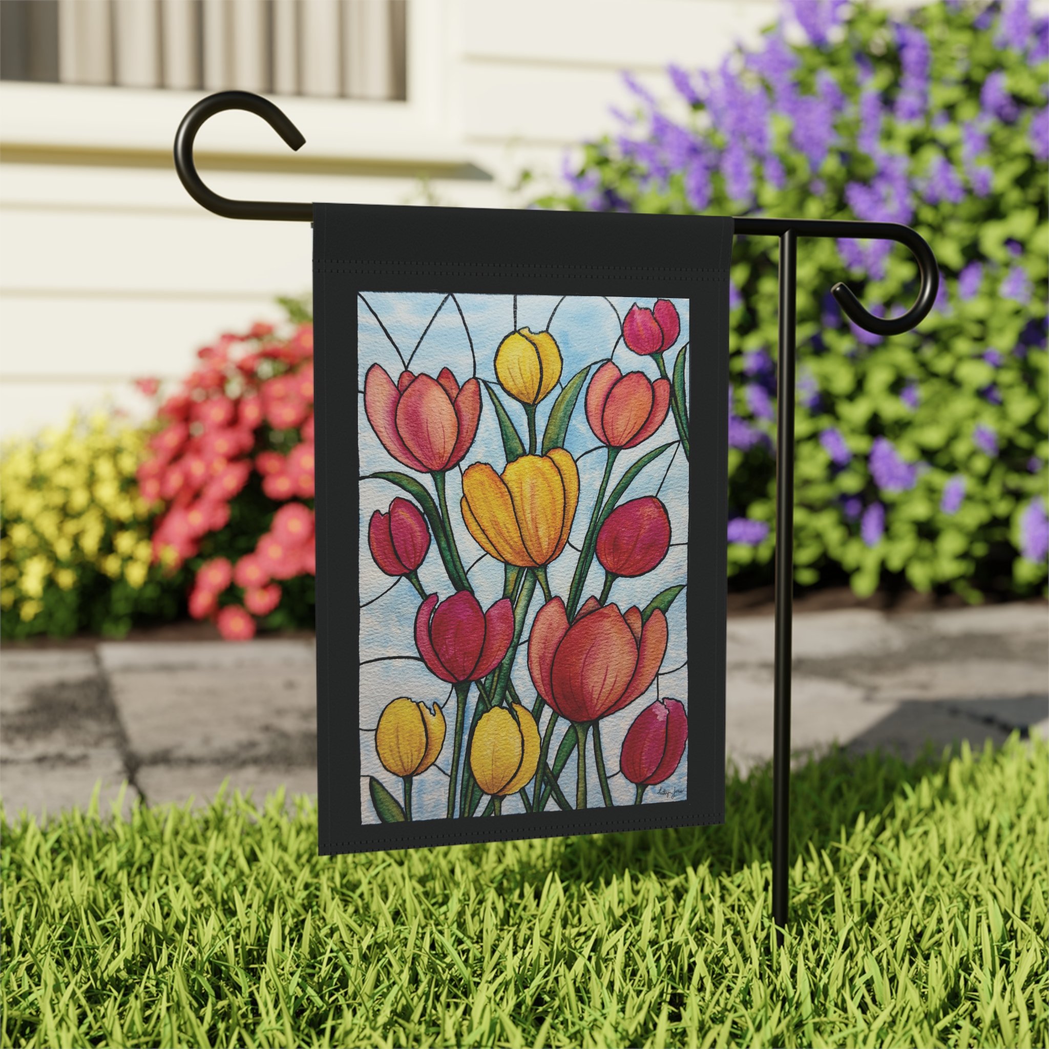 Tulip Garden House Flag — Spring Floral Garden Banner