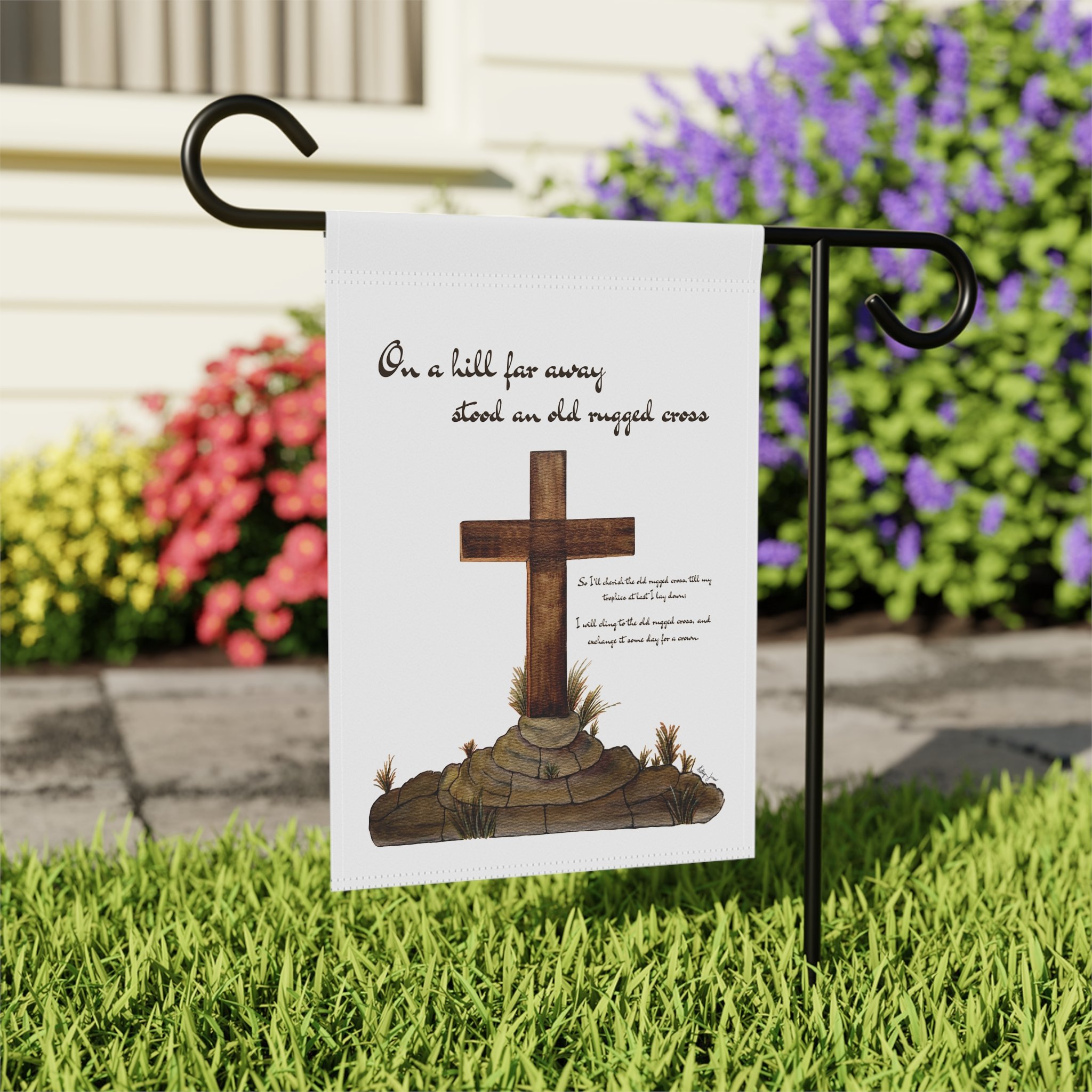 Christian Garden Flag — “On a hill far away stood an old rugged cross” Decorative Yard Banner