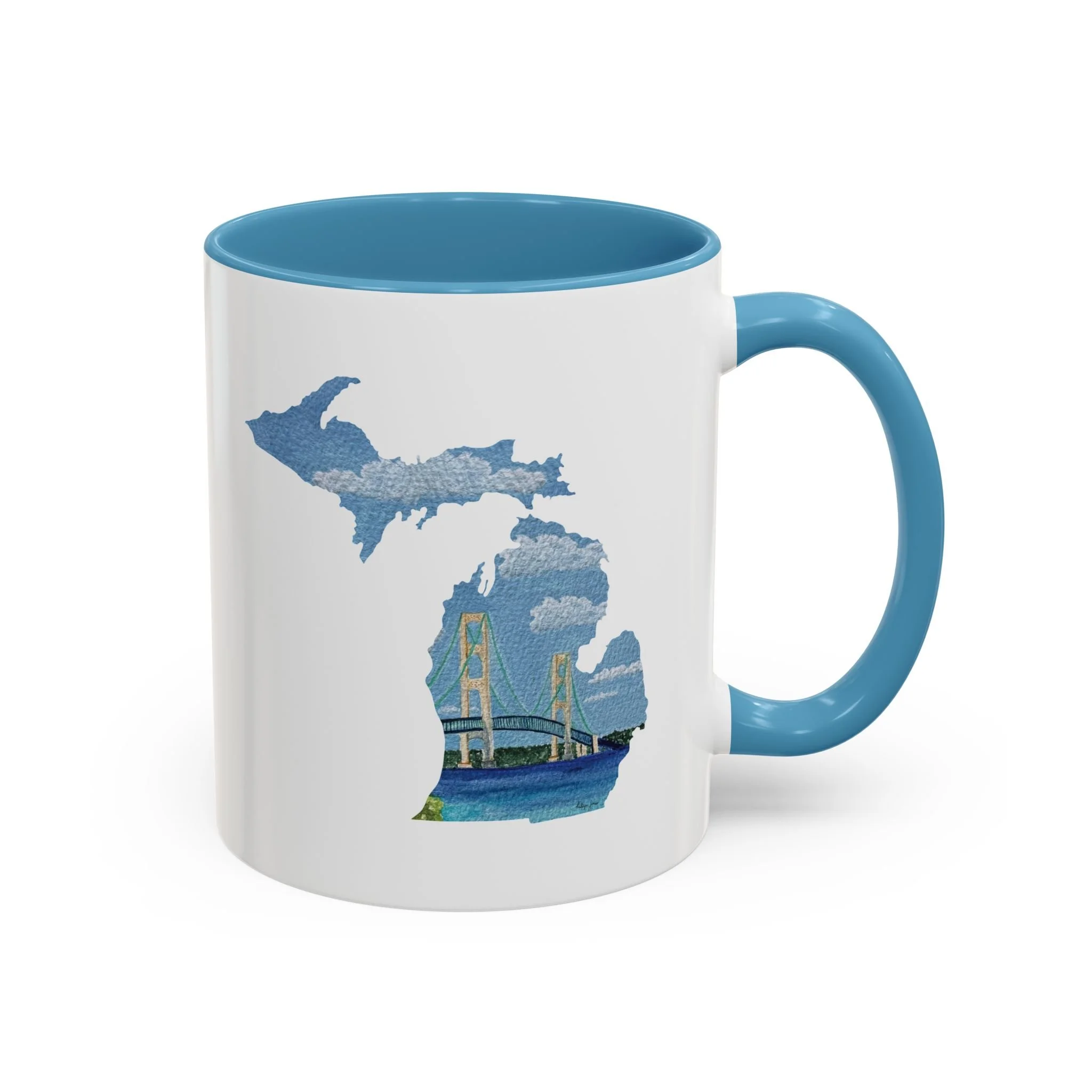 Michigan Map Coffee Mug with Mackinac Bridge Watercolor Accent (11/15oz)
