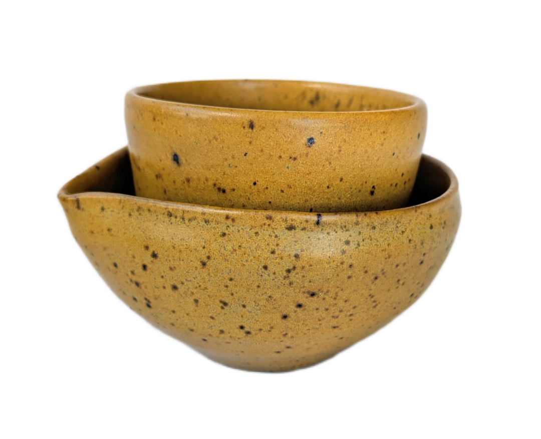 mustard stoneware glazed pouring bowl and cup set