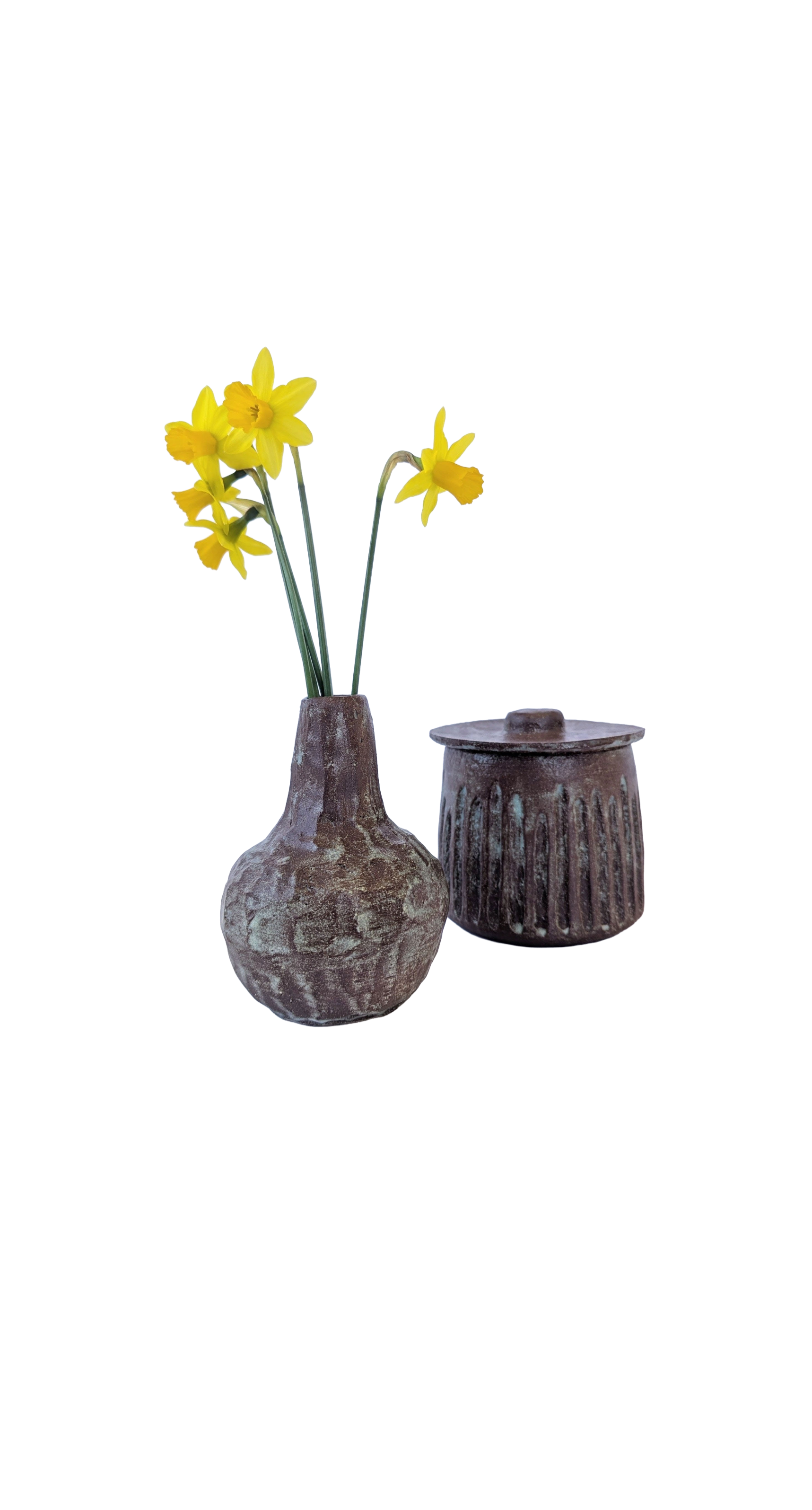ceramic vase with daffodils and container with lid hand built glazed stoneware