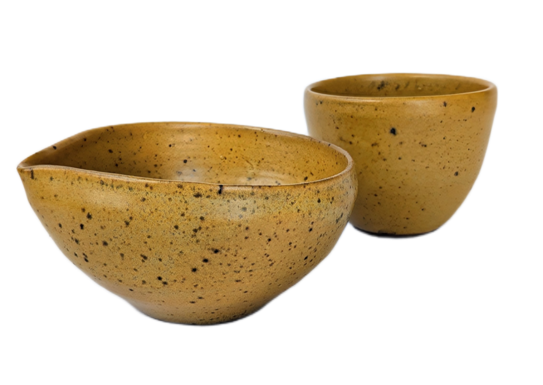 mustard glazed stoneware matcha bowl and cup set