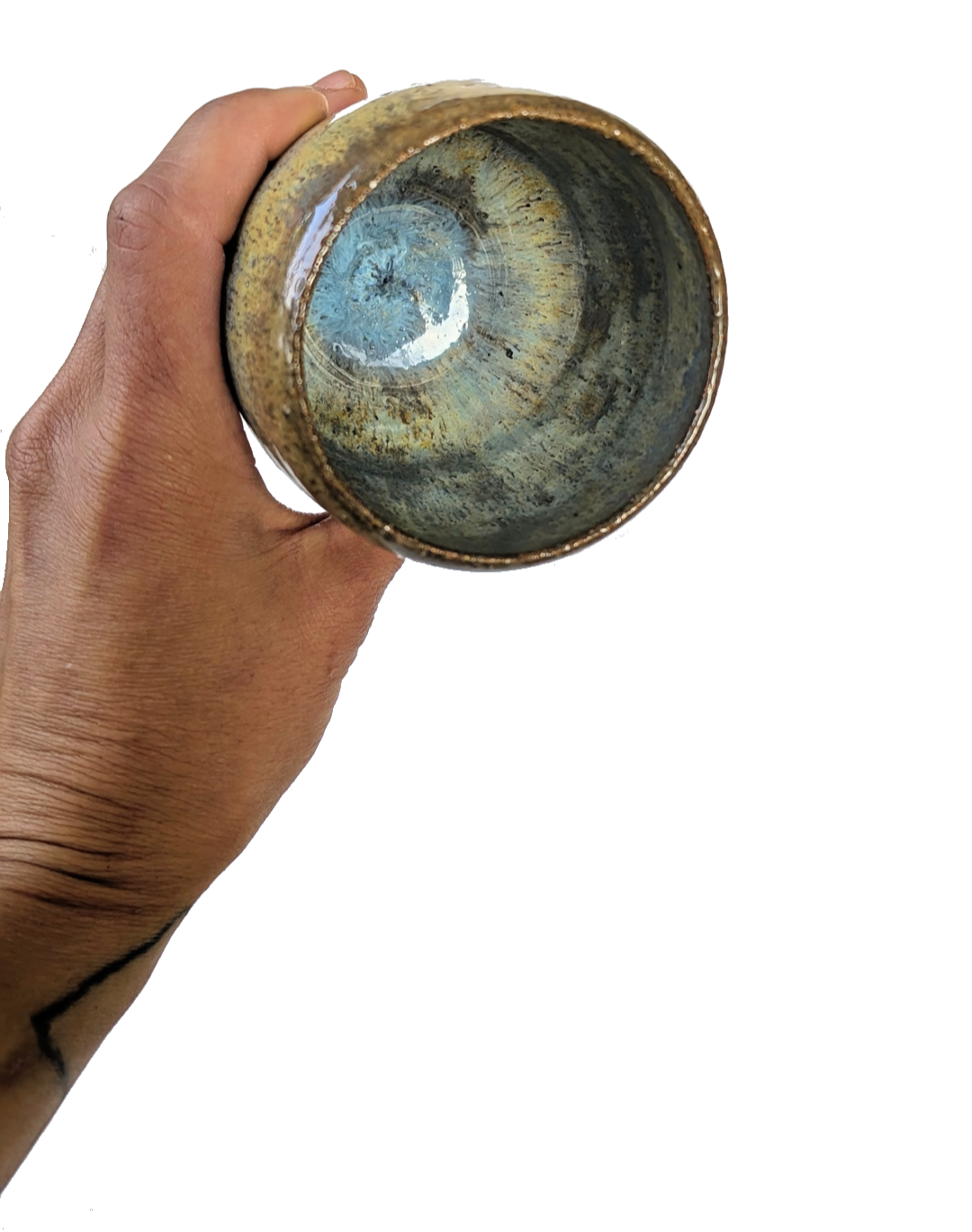 blue and gold glazed stoneware cup wheel thrown