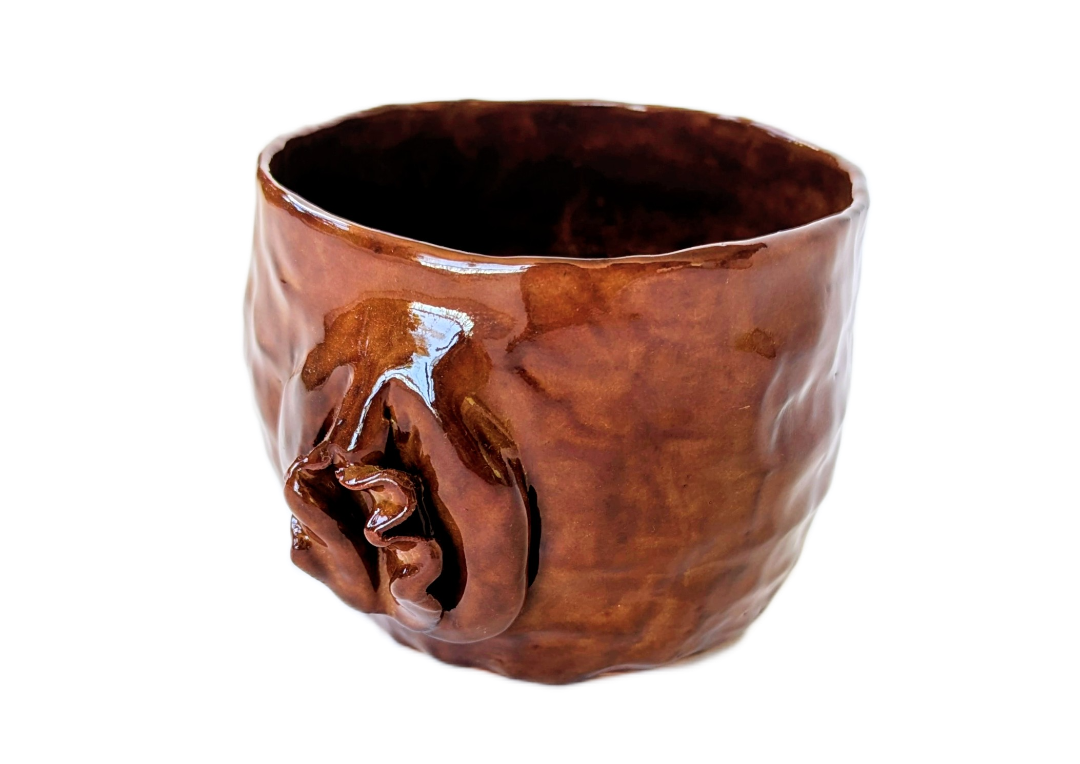 rust glazed terracotta hand built vulva mug