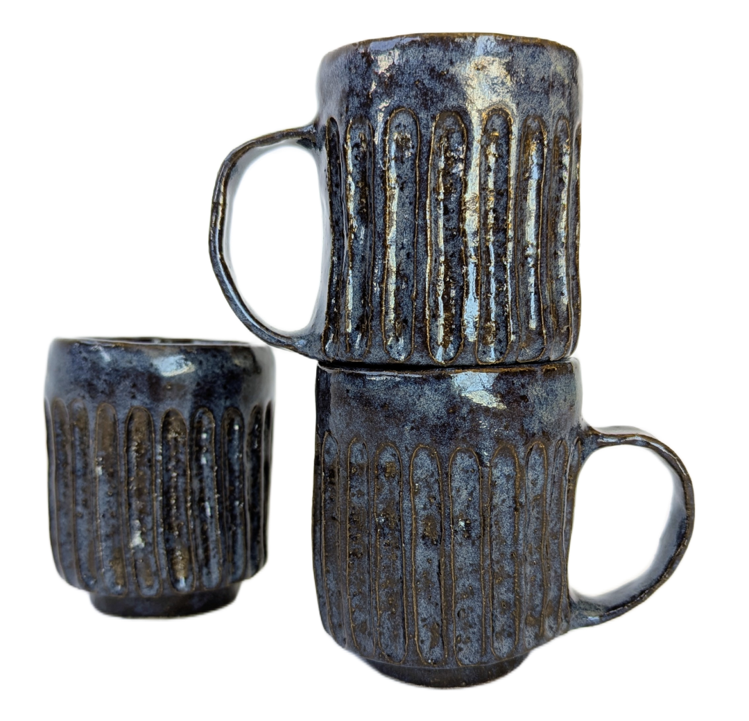 blue glazed stacking stoneware mugs handmade hand built