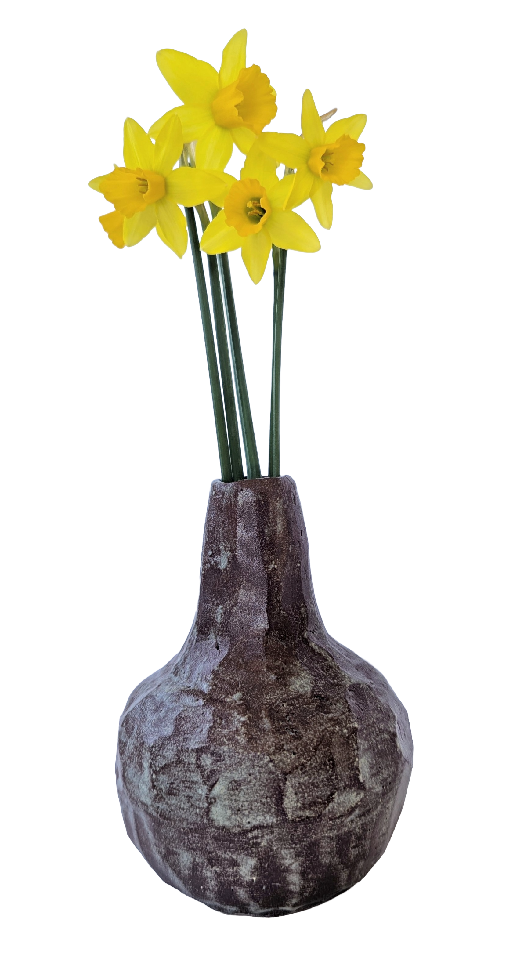 handmade ceramic vase with daffodils tan and blue textured matte finish glazed stoneware