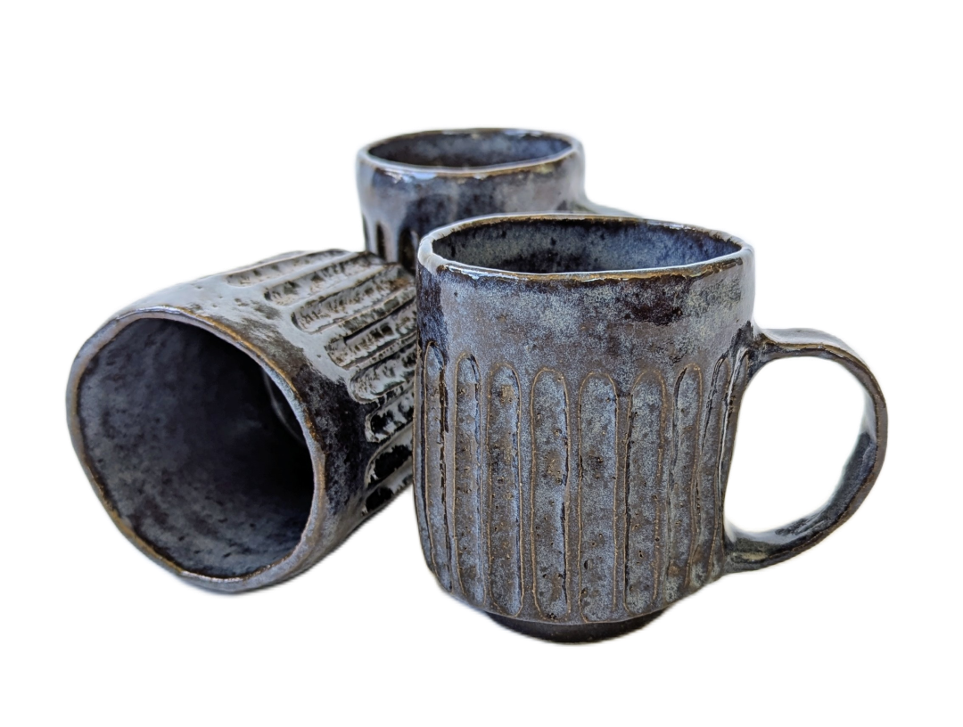 blue glazed stoneware hand-built mug stacking set