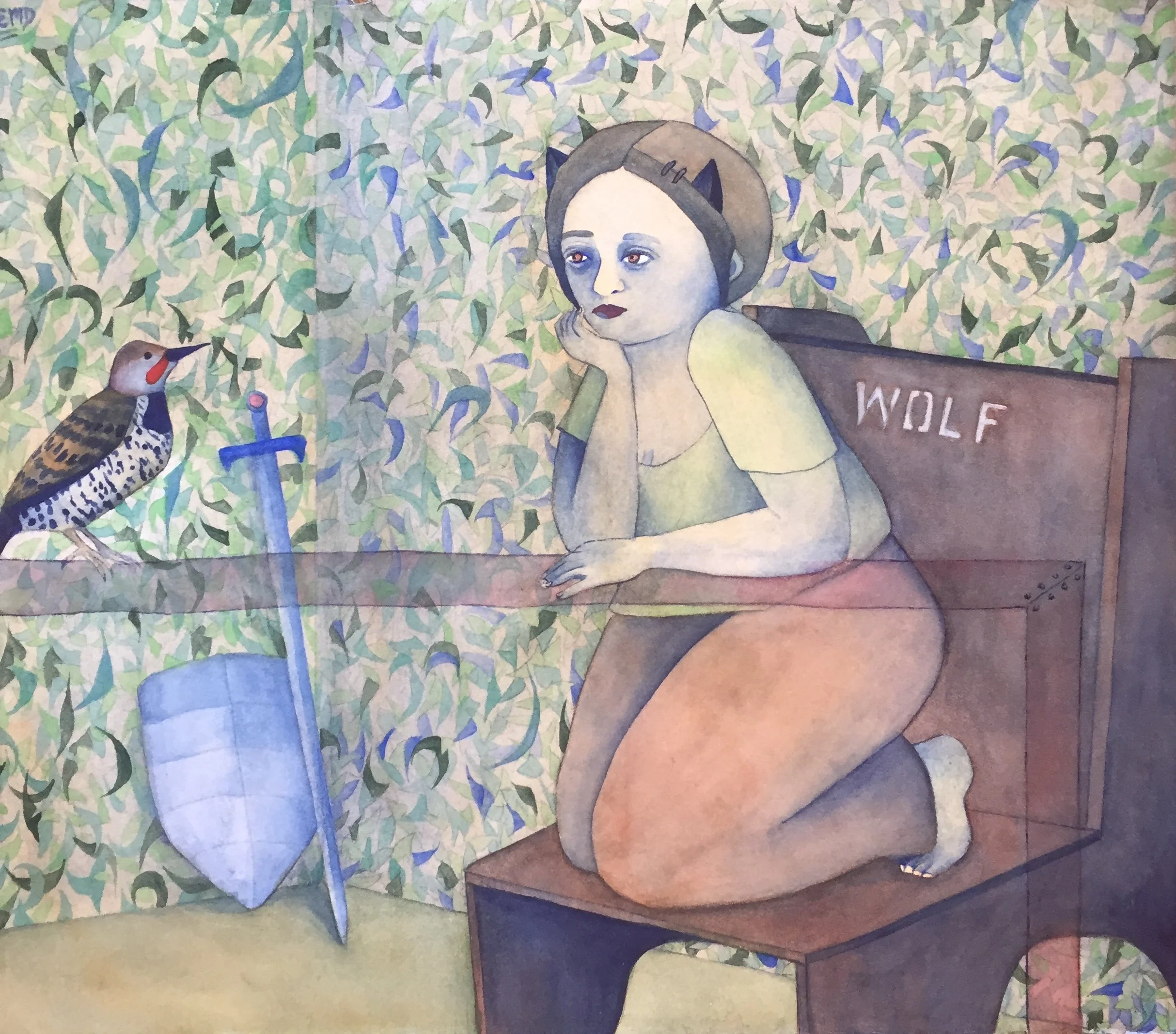 Wolf and Flicker, 2023. Watercolour on paper. 13x13 inches.