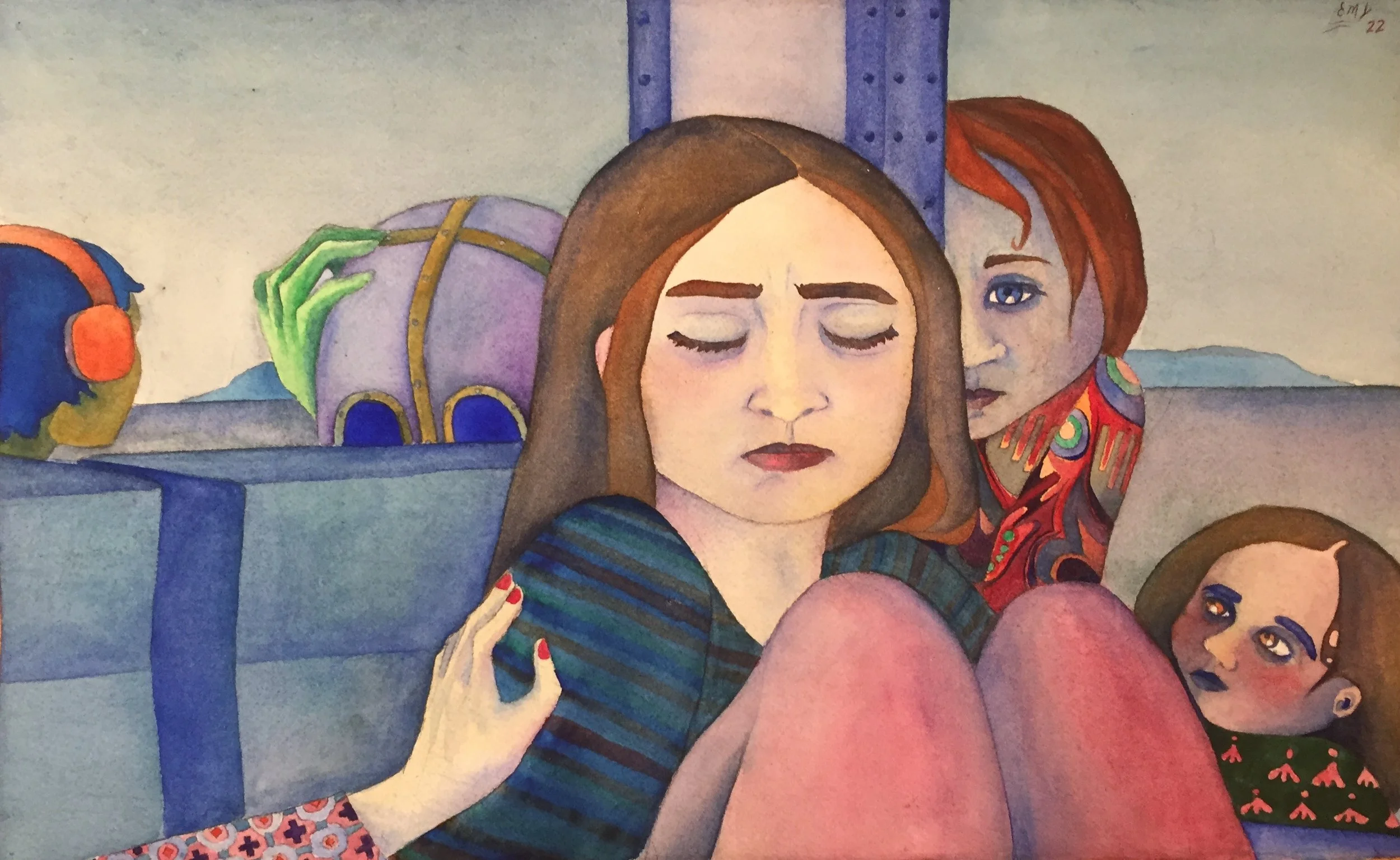 Having Issues on the Ferry, 2022. Watercolour on paper. 10x15 inches. 