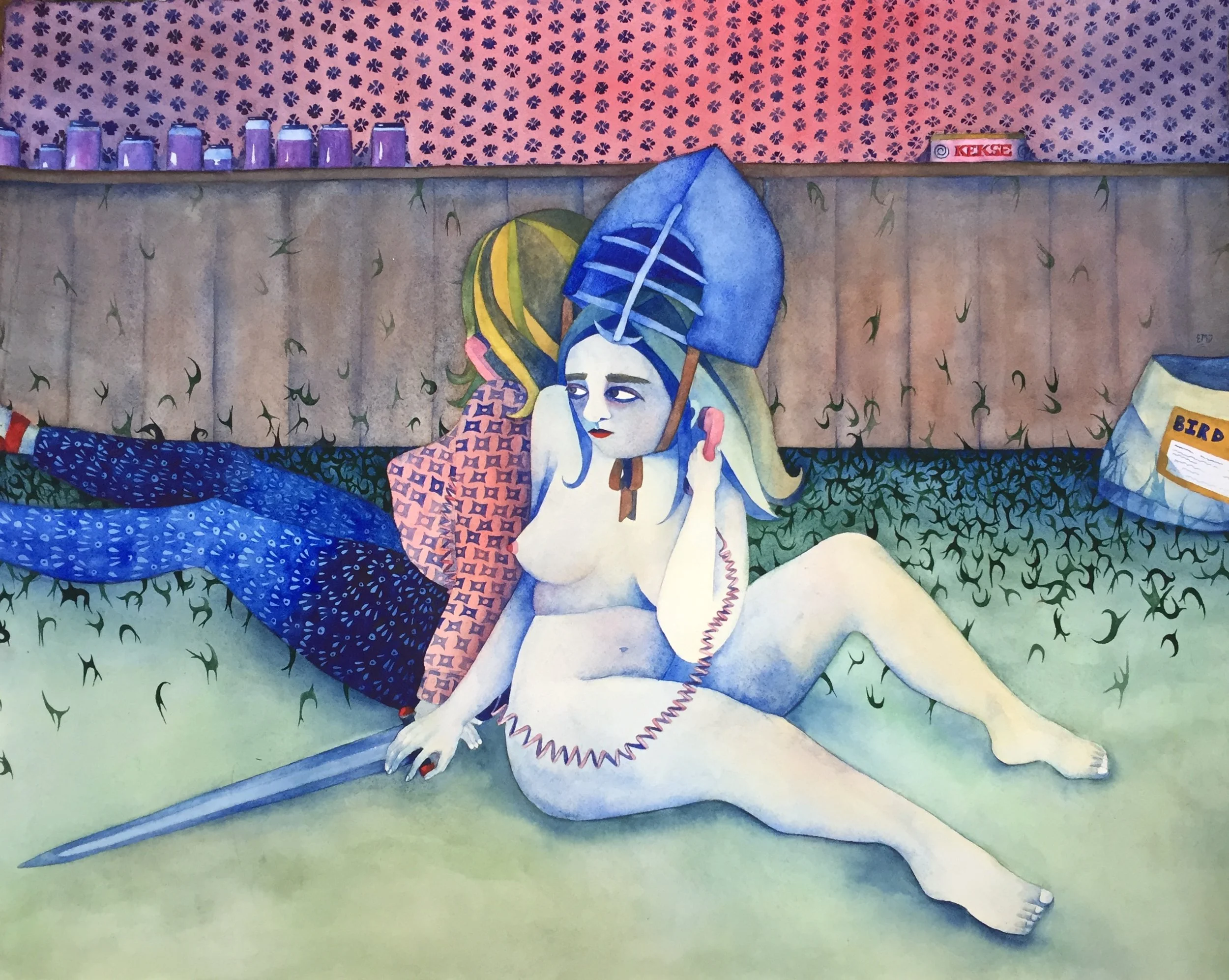 On the Line, 2023. Watercolour on paper. 15x22 inches. 