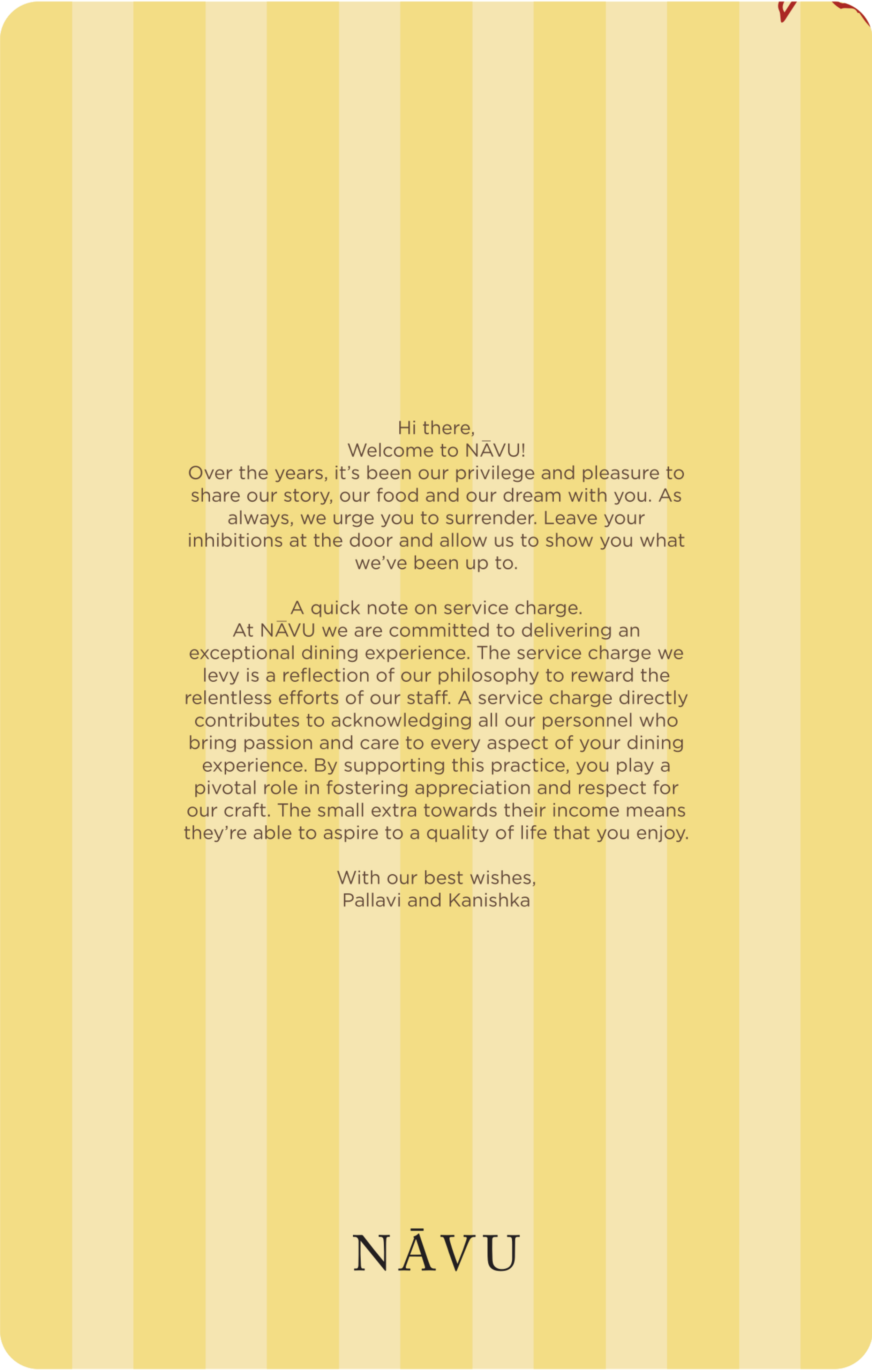 Signature fine dining menu at Navu restaurant, Bengaluru