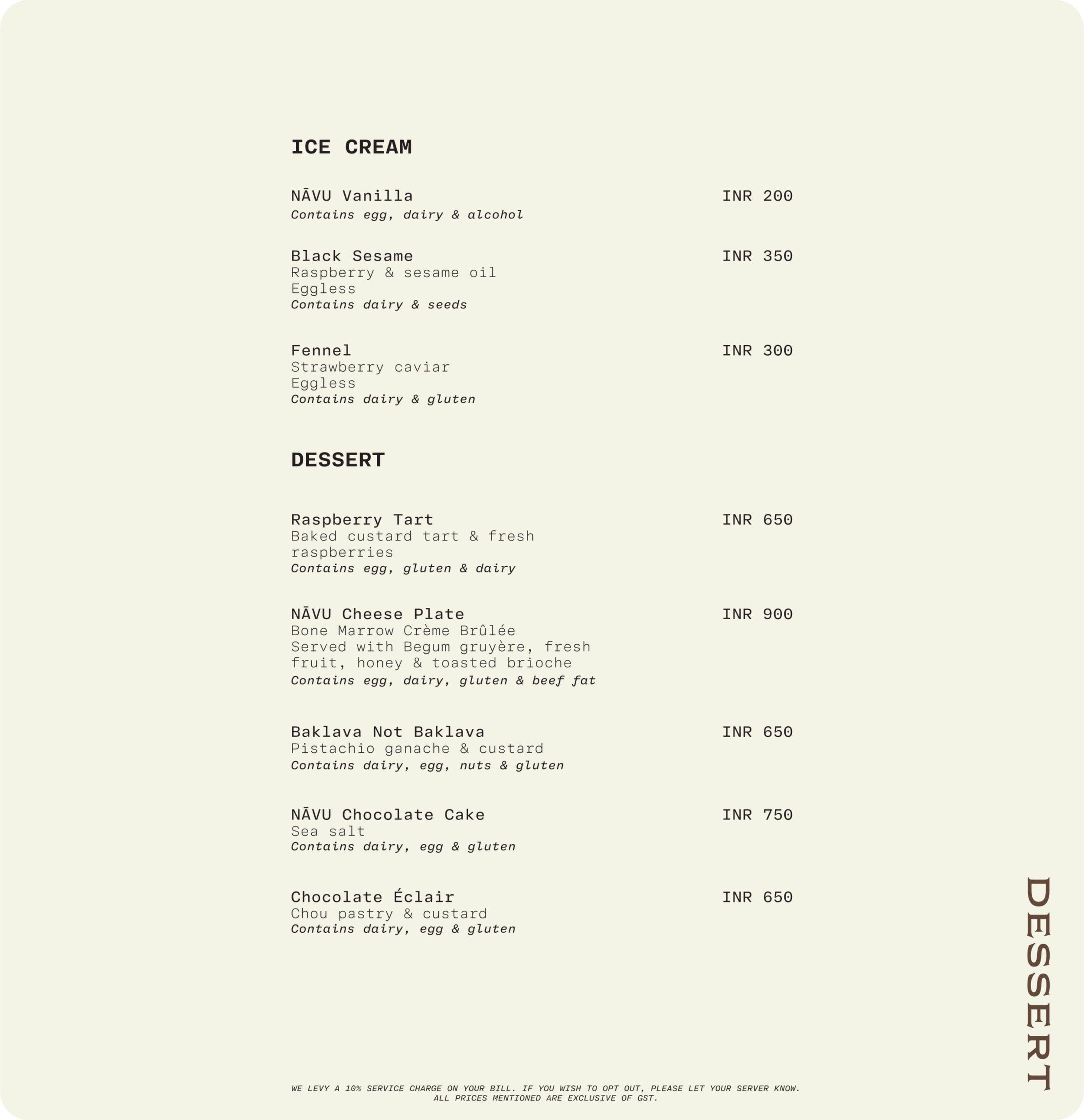 Signature fine dining menu at Navu restaurant, Bengaluru