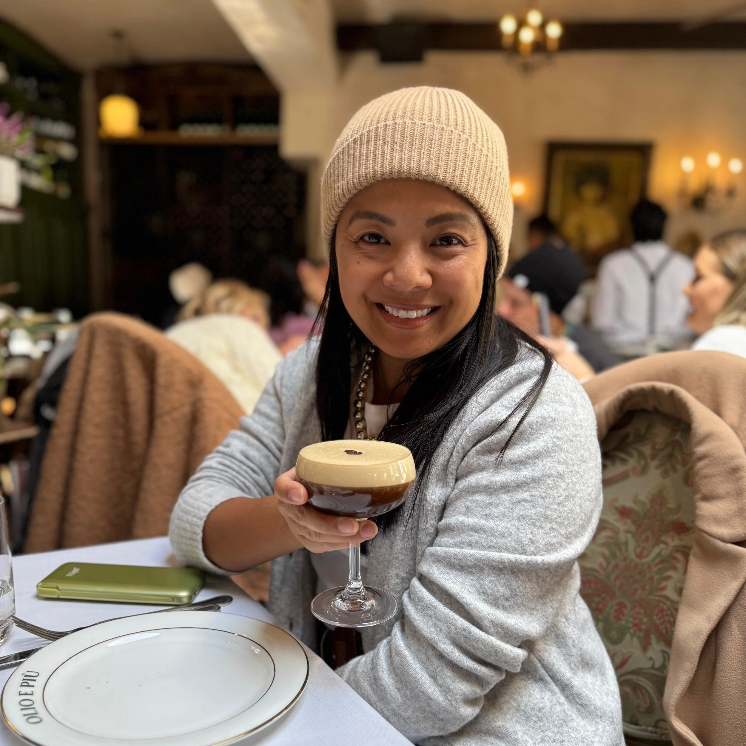 woman with espresso martini at Olio e Piu Italian restaurant in Greenwich neighborhood NYC