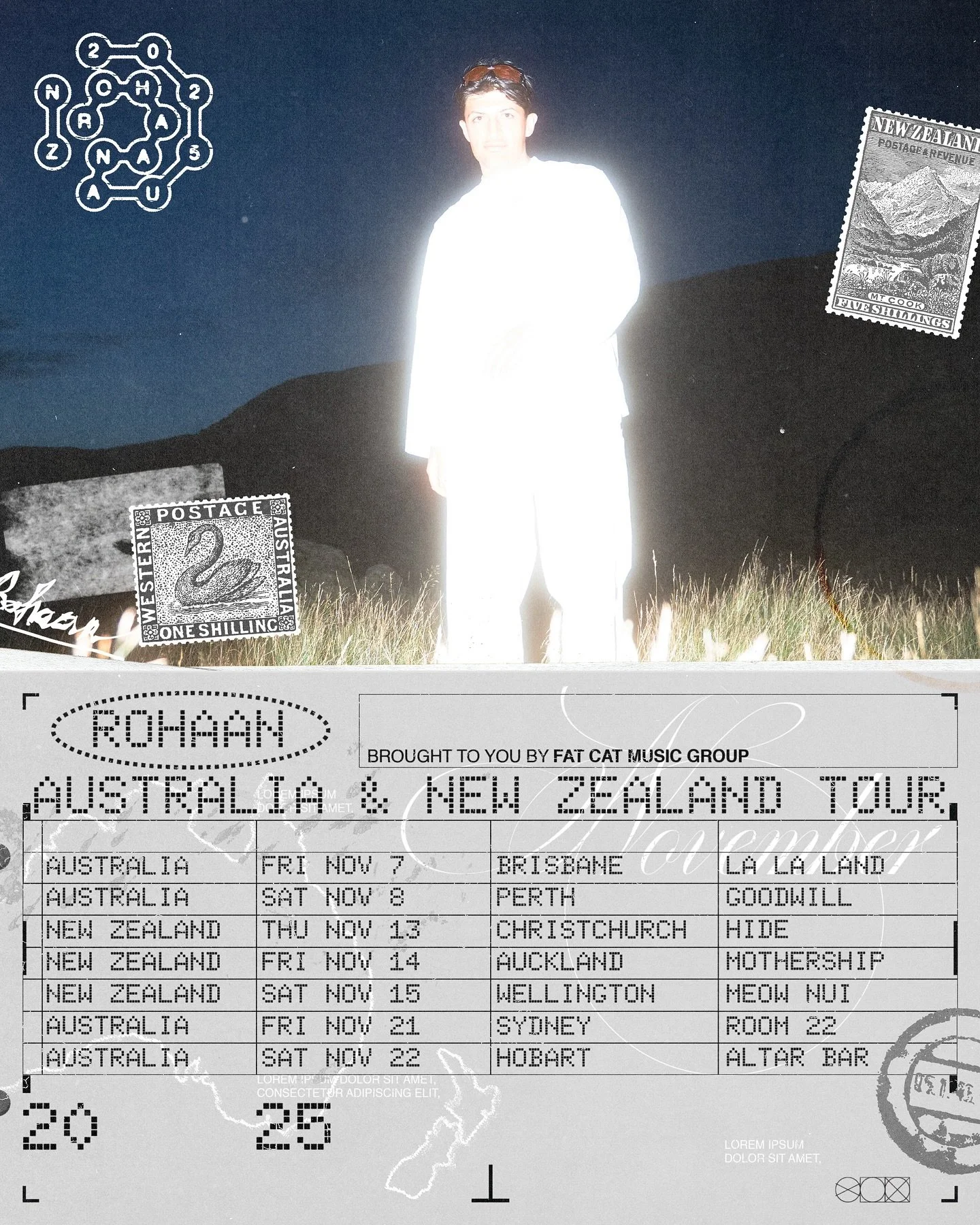 📣 TOUR ANNOUNCEMENT 📣 
Fat Cat Music Group presents the ROHAAN 2025 Australia &amp; New Zealand tour!

🎫 fcmg.tours/rohaan25

Rohaan, a versatile and boundary-pushing producer from York, UK, has swiftly ascended to international recognition in the