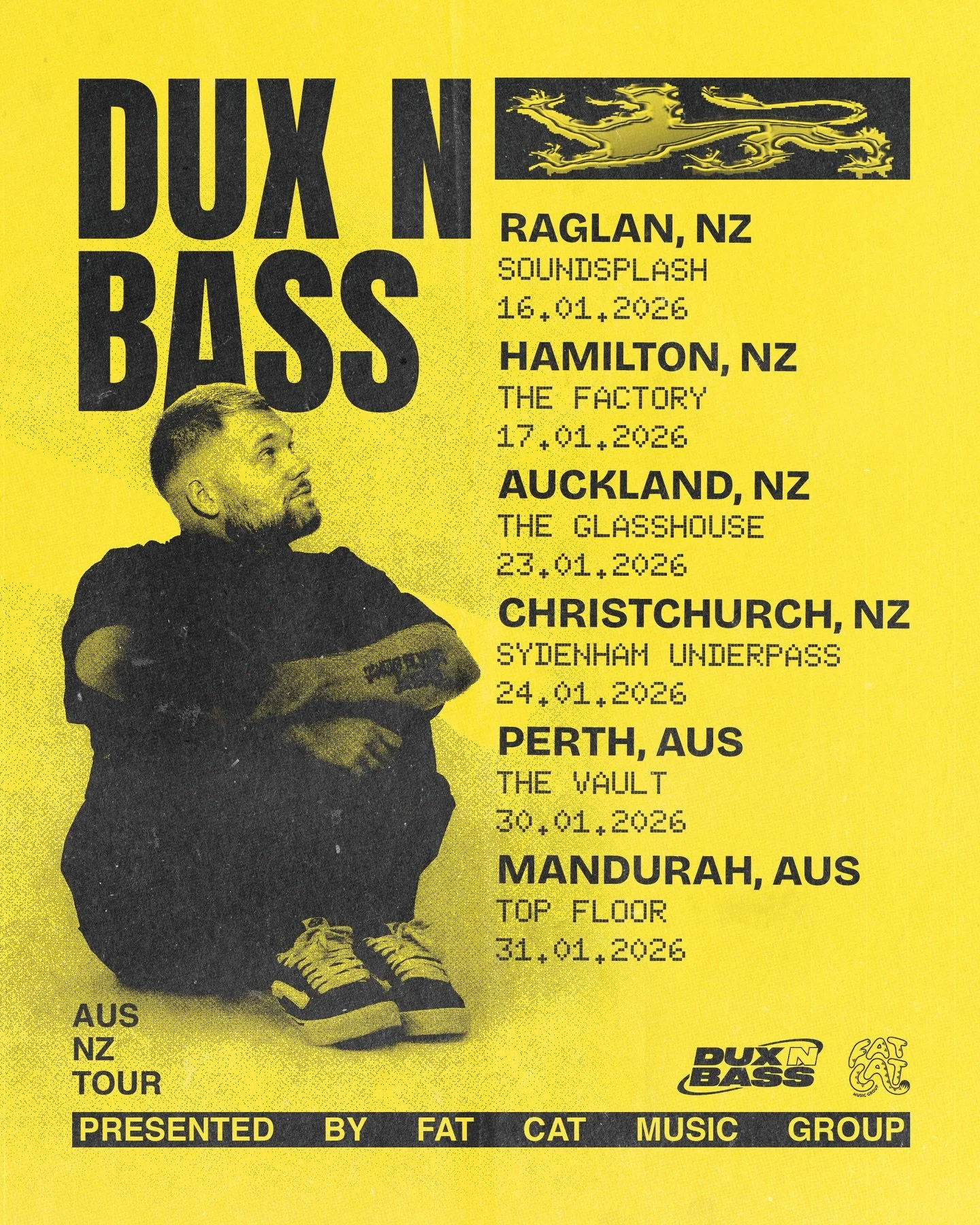 Fat Cat Music Group presents the 2026 DUX N BASS Australia &amp; New Zealand Tour!

DUX N BASS grew up in Germany, surrounded by music from day one. He started drumming when he was five and spent most of his childhood playing in bands, orchestras, an