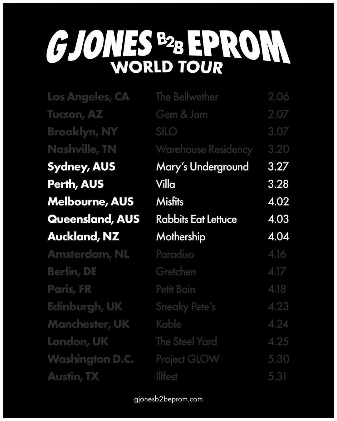 Fat Cat Music Group presents the G JONES &amp; EPROM 2026 Australia &amp; New Zealand Tour.

When G Jones and Eprom collide, the result is a masterclass in sound design and raw energy. Touring in support of their latest collaborative work, Disk Utili