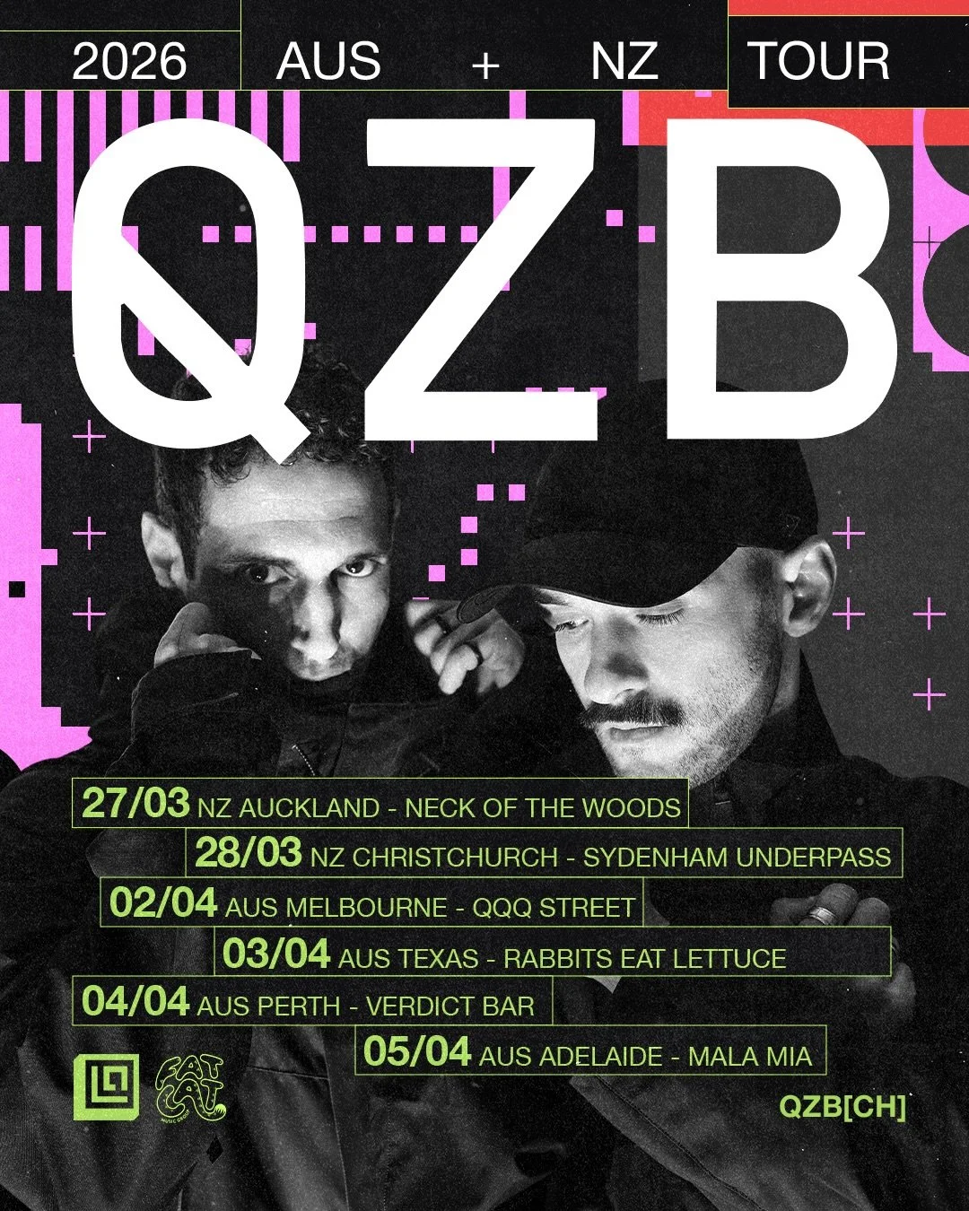 📣 Tour Announcement 📣 

Fat Cat Music Group presents the QZB Australia &amp; New Zealand Tour.

Anyone thirsting for conventional sounds is at
the wrong address. QZB roll up Drum&rsquo;n&rsquo;Bass
anew &ndash; precise, focused and with a dynamic t