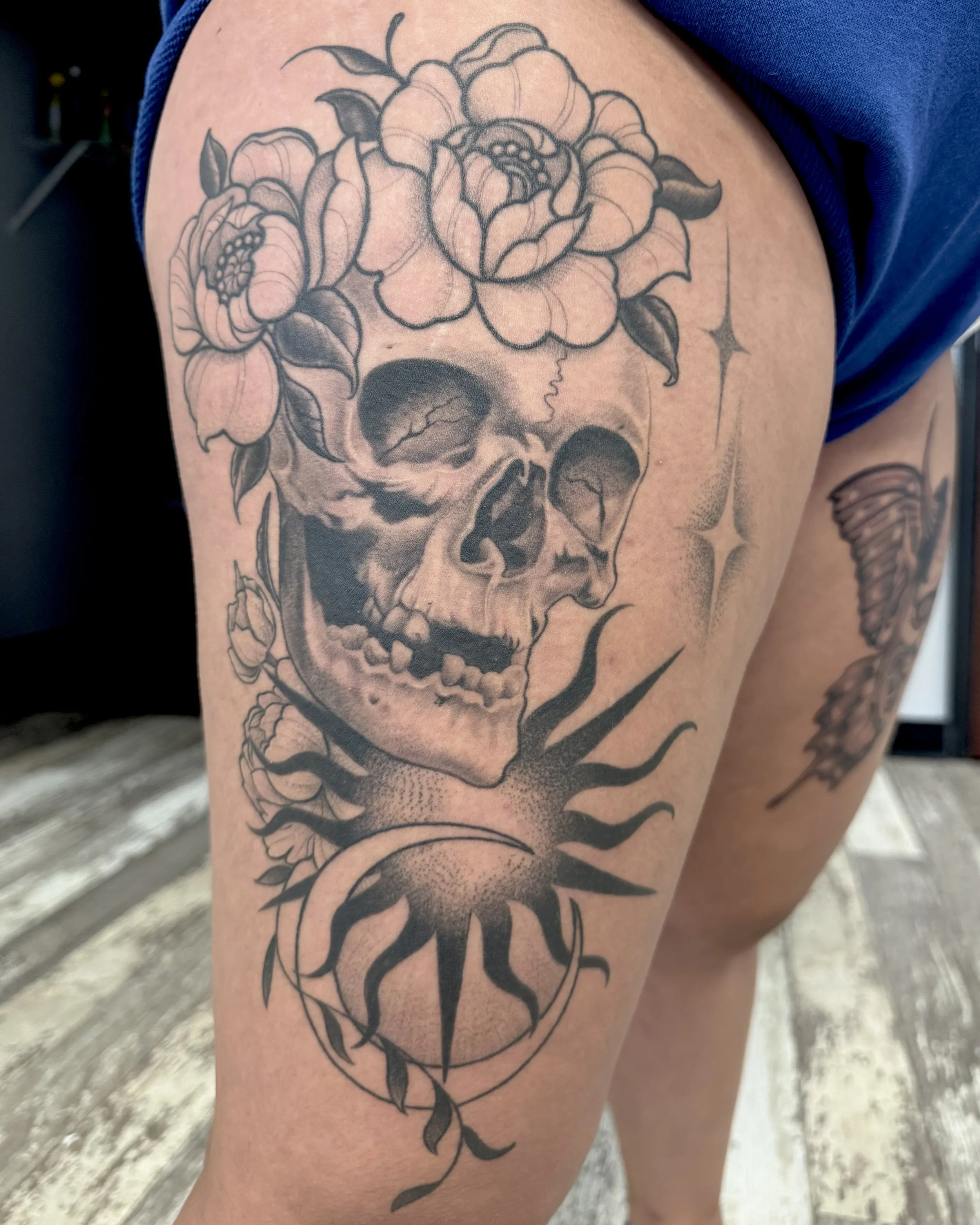 Illustrative skull peony sun moon tattoo